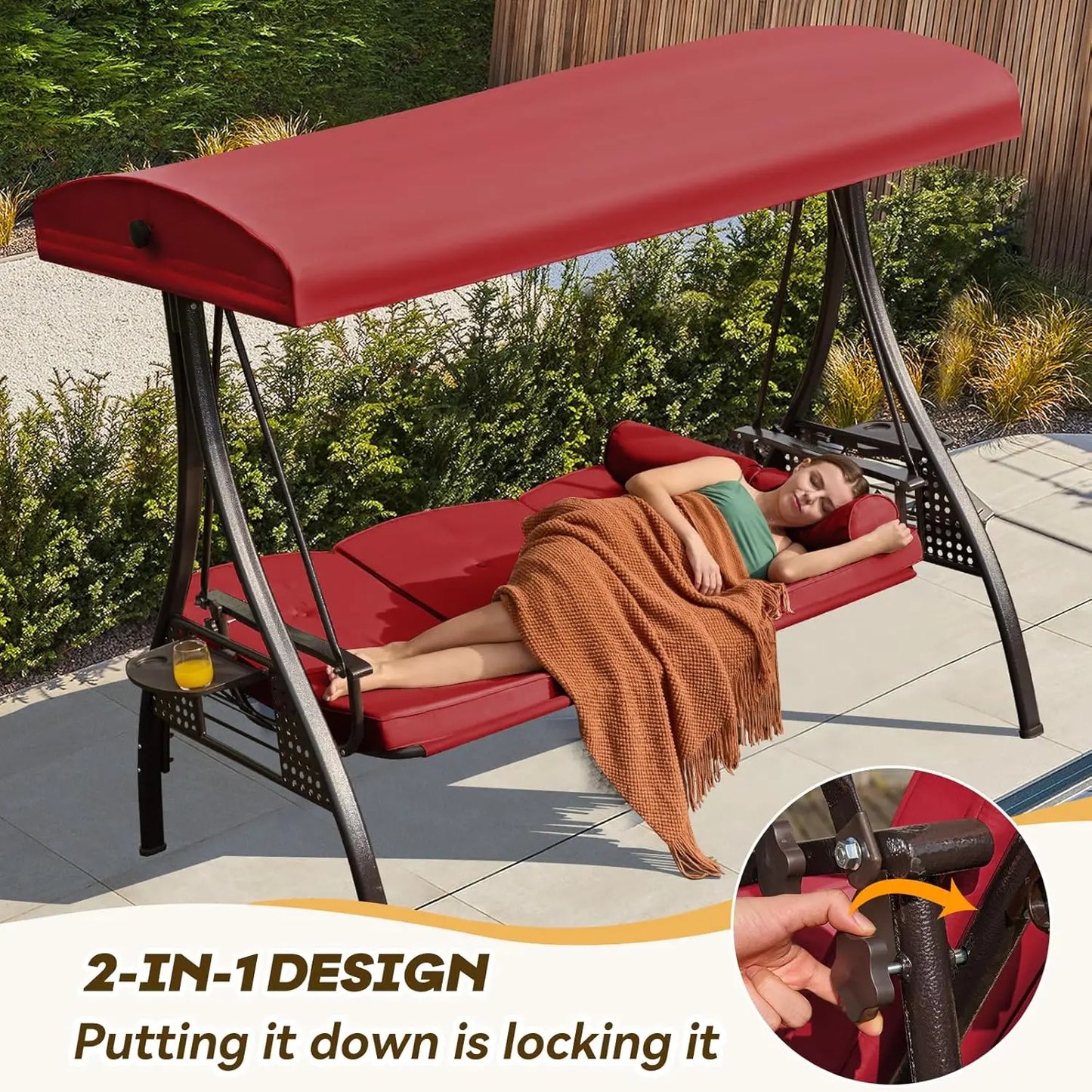 3-Seat Convertible Outdoor Swing with Adjustable Canopy Thickened Cushions Pillows Cup Holders for Patio Backyard Garden Custom