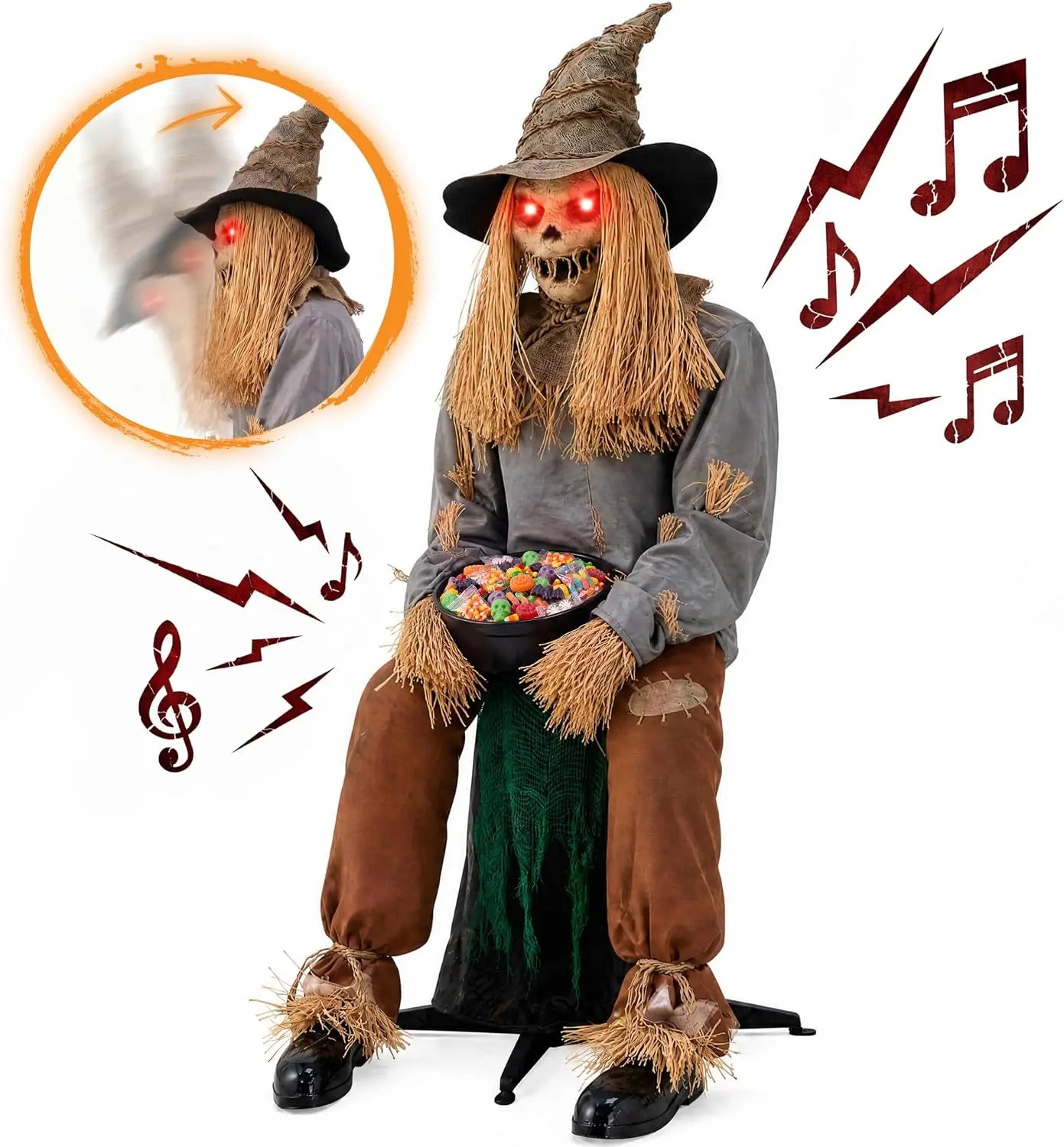 Joyfy Halloween Animatronic Sitting Scarecrow With Led Eyes Spooky Sounds
