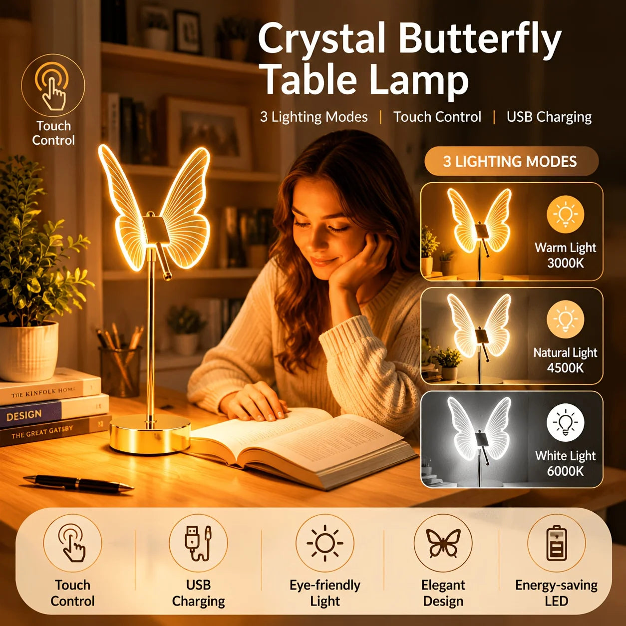 QQS Crystal Butterfly Table Lamp With Three Level Brightness USB Charging