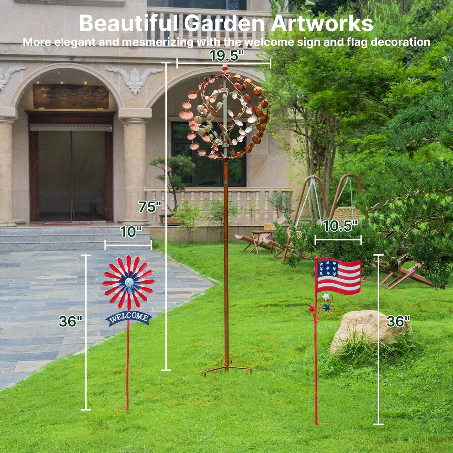Metal Wind Spinners Outdoor Garden Art With 360 Degree Spin And Welcome Flags