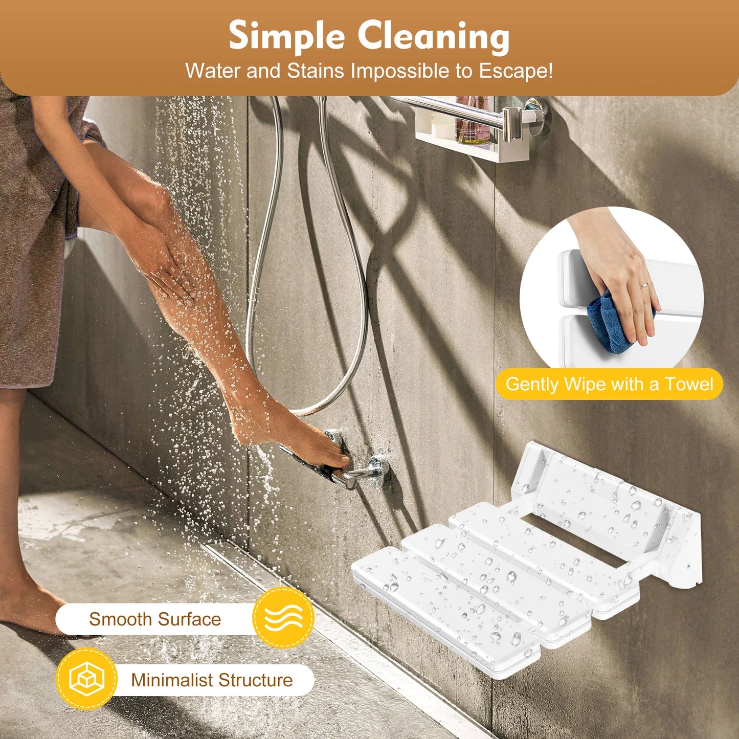 Folding Shower Seat Wall Mounted Up To 130kg Ergonomic Bench
