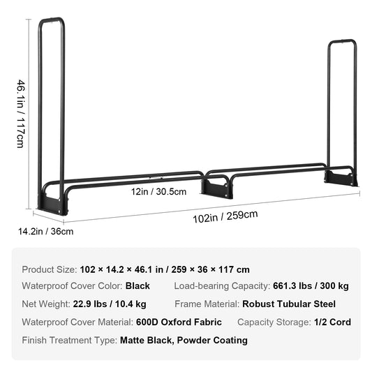 SucceBuy 12.7FT Outdoor Firewood Rack with Cover Heavy Duty Firewood Holder & 600D Oxford Waterproof Cover for Fireplace Patio