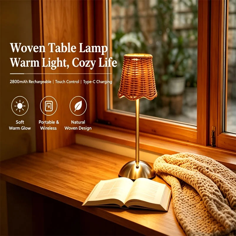Bohemian Woven Rattan Table Lamp With Touch Dimming USB Power