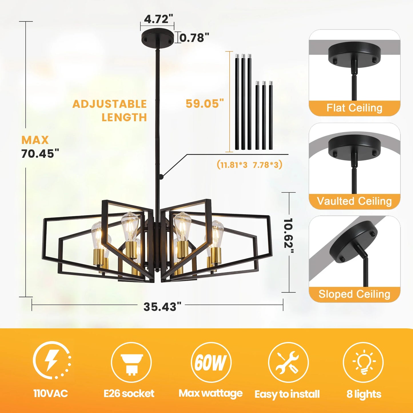 Modern 8 Light Geometric Chandelier Pendant Light With Adjustable Height
