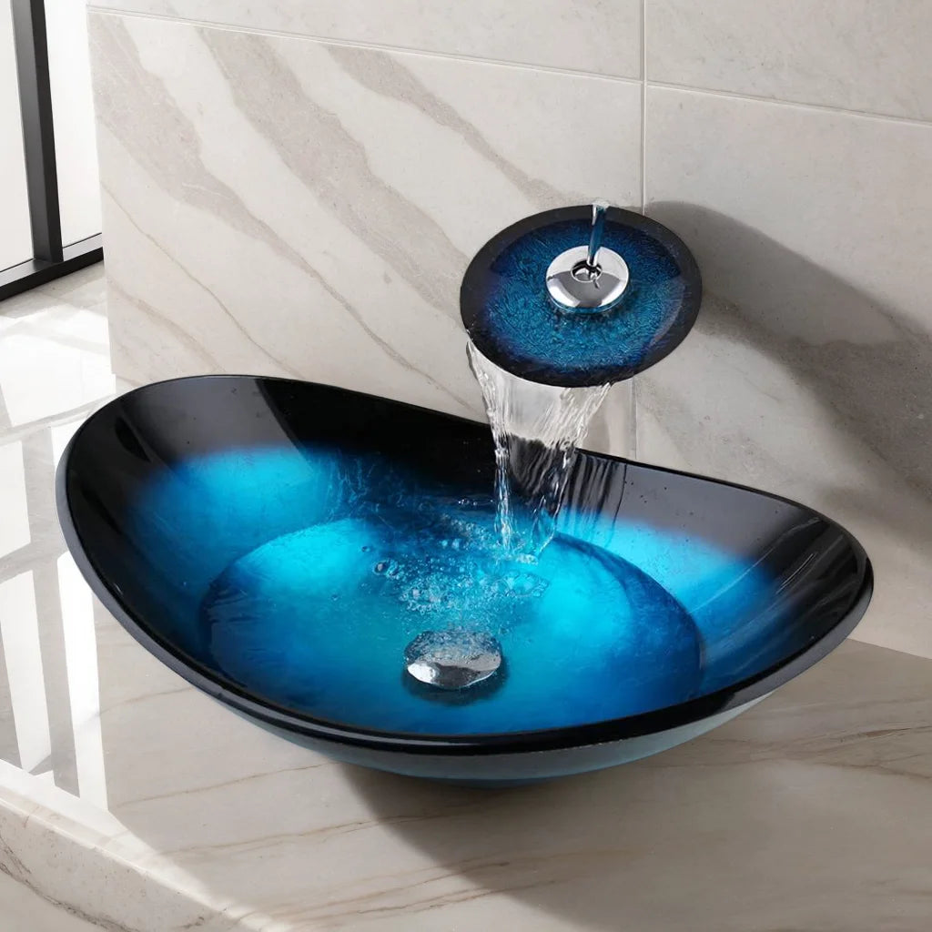 Mekkhala Tempered Glass Countertop Basin Sink With Faucet
