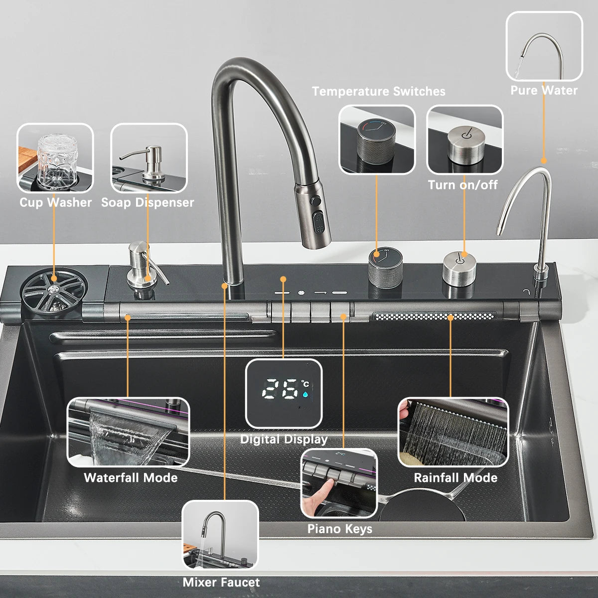 Stainless Steel Kitchen Waterfall Sink With Digital Faucet