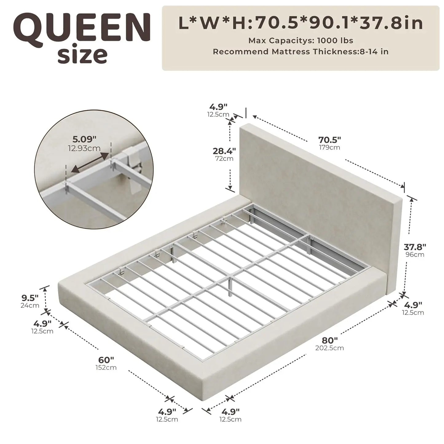 AirFrame Queen Bed Frame with Headboard, Cloud Upholstered Platform Bed Frame, 5 Inch Foam Cushioned, No Box, Customized