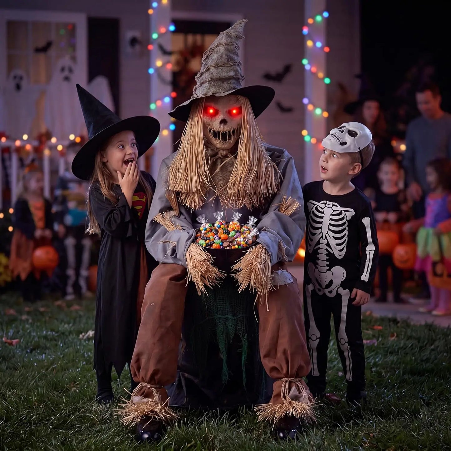 Joyfy Halloween Animatronic Sitting Scarecrow With Led Eyes Spooky Sounds
