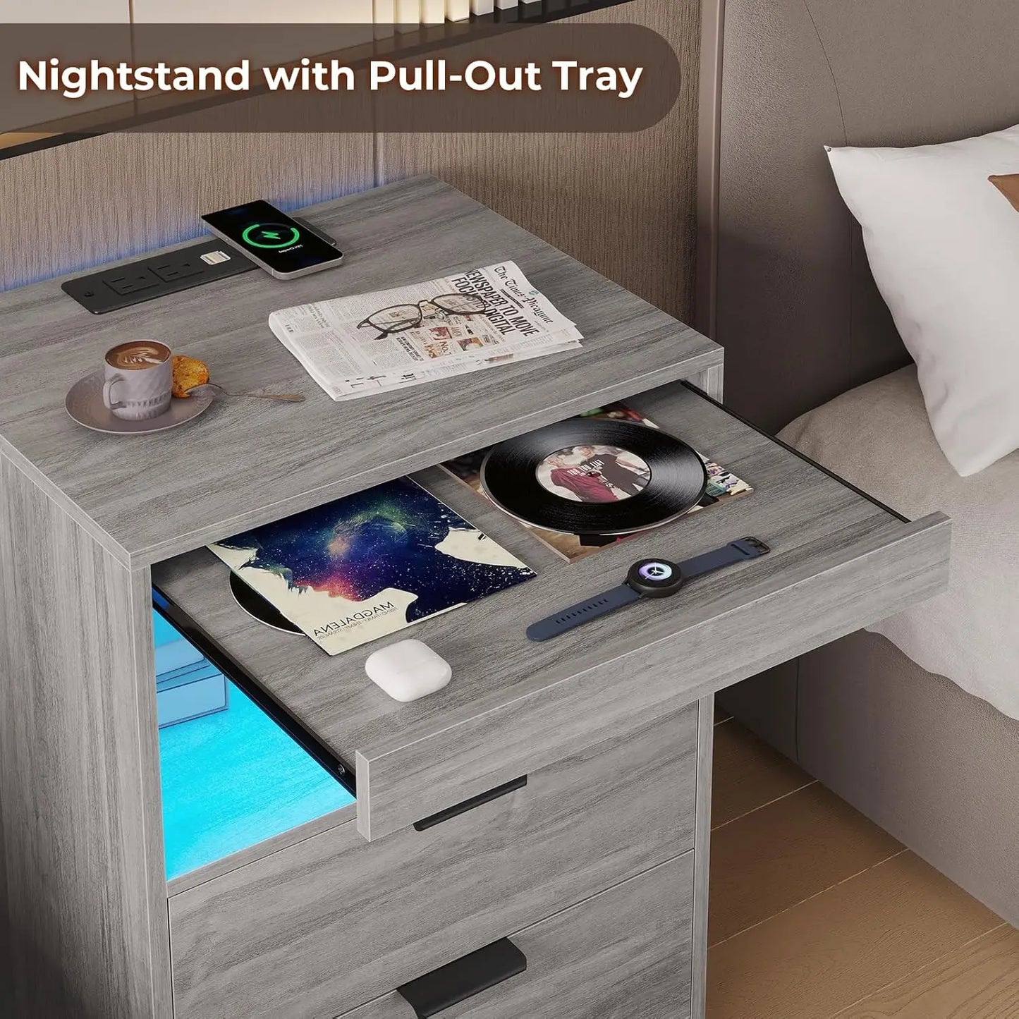 Modern Grey Nightstand With Wireless Charging And Led Lights