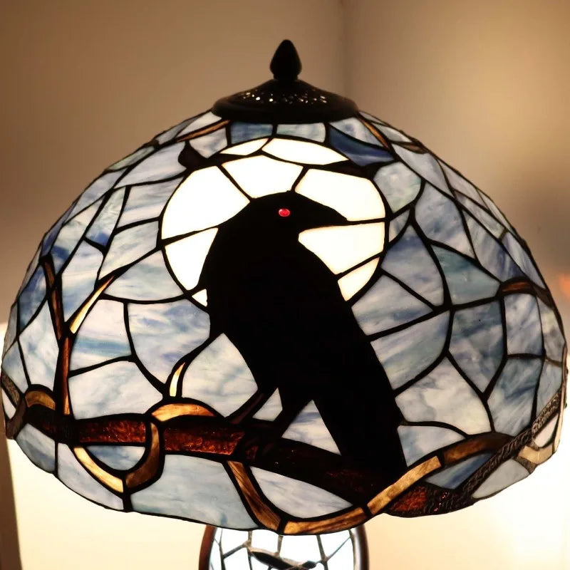 Tiffany Stained Glass Raven Perched On Tree Branch Table Lamp