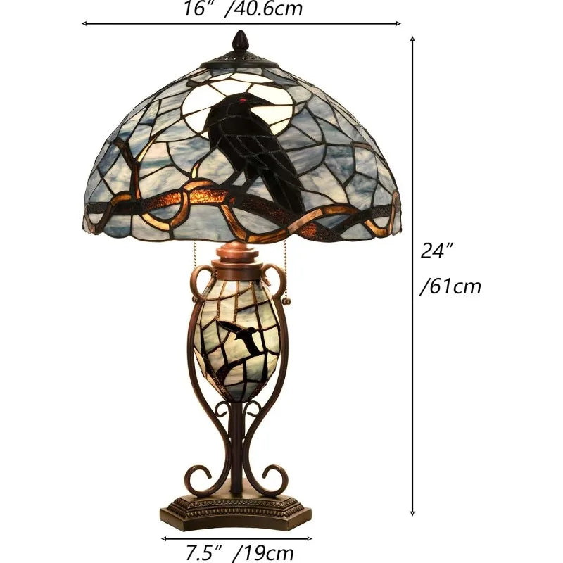 Tiffany Stained Glass Raven Perched On Tree Branch Table Lamp