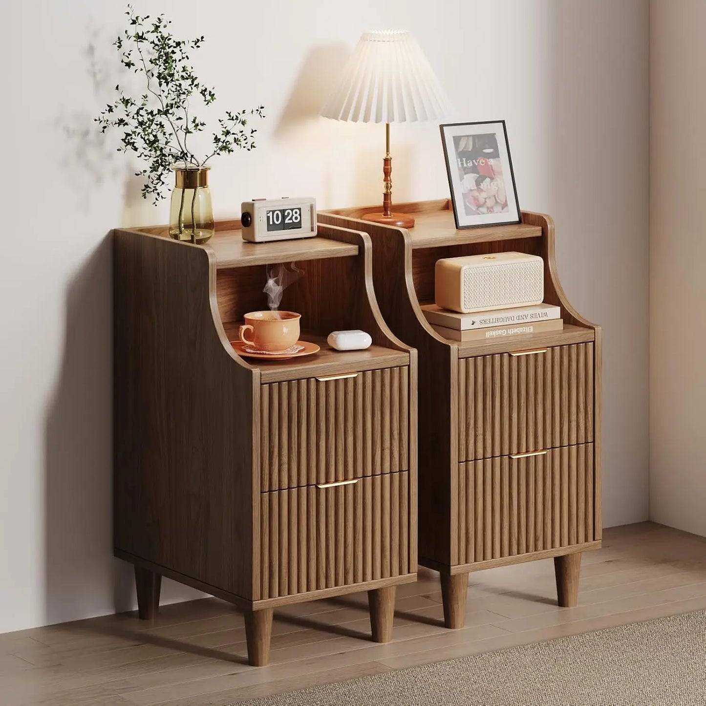 Narrow Nightstand Set of 2,11.8" Fluted Bedside Table Set of 2, Slim Side End Table with 2 Drawers, Wooden Bedside, Customized