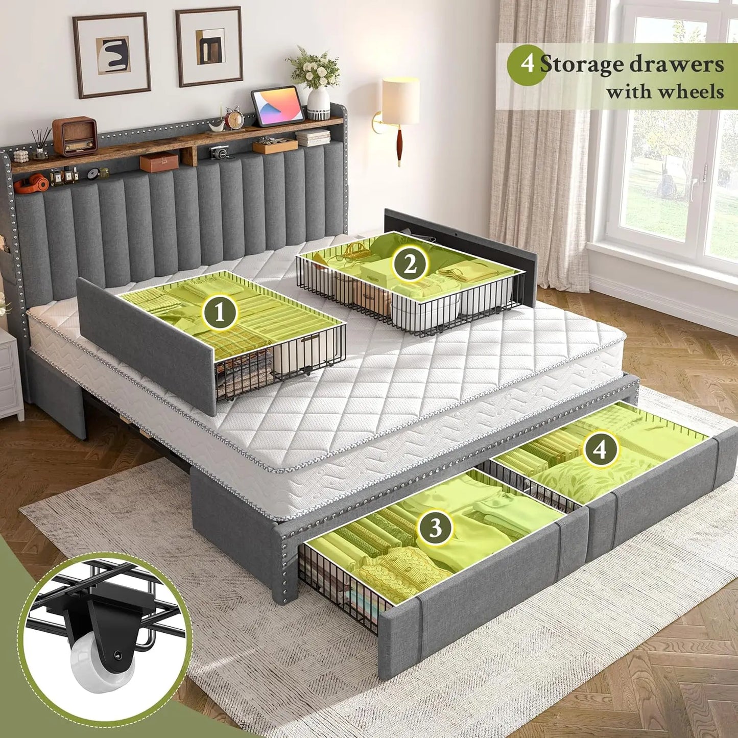 King Size Bed Frame Fabric Upholstered with 4 Drawers Rivet Decor Storage Headboard Wooden Slats 900LBS Customizable Bed