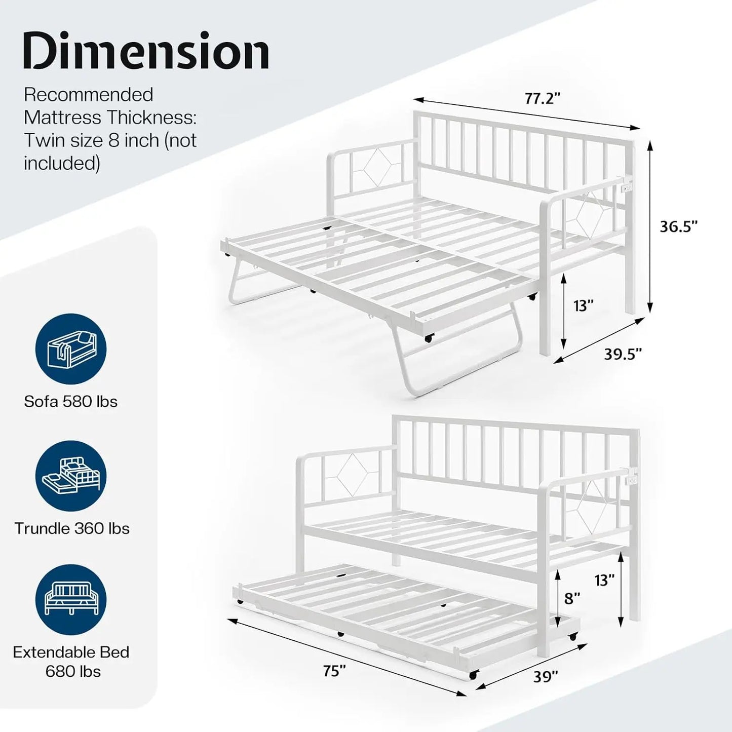 BIANXIANG Metal Daybed With Charging Station And LED Lights