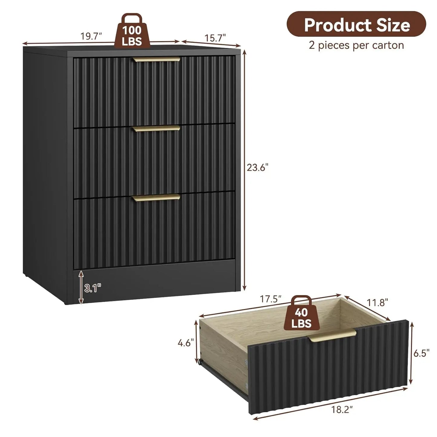 Fluted Nightstands Set of 2 Modern Bedside Tables for Home