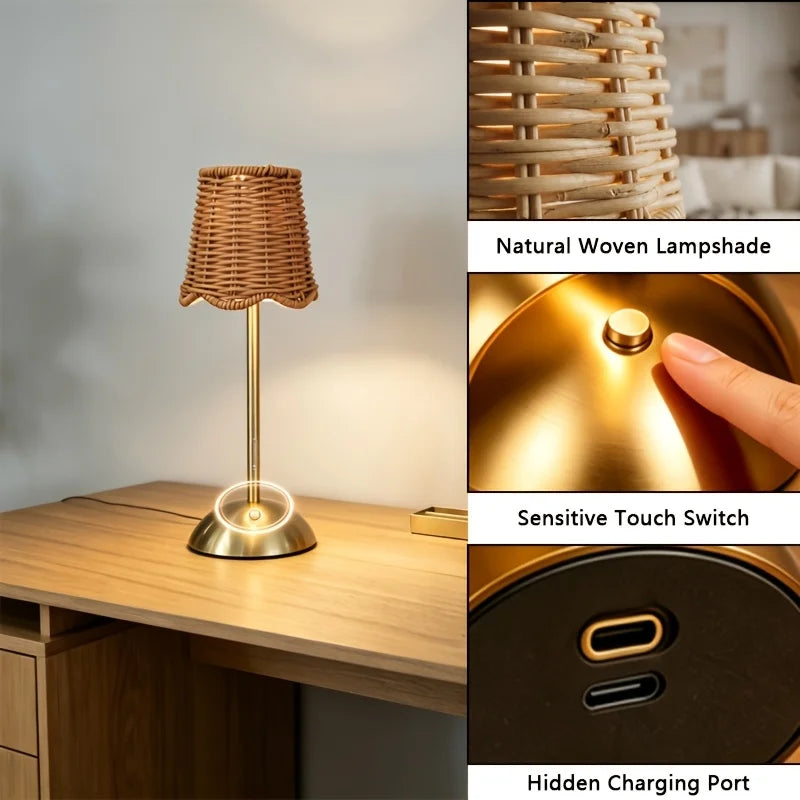 Bohemian Woven Rattan Table Lamp With Touch Dimming USB Power