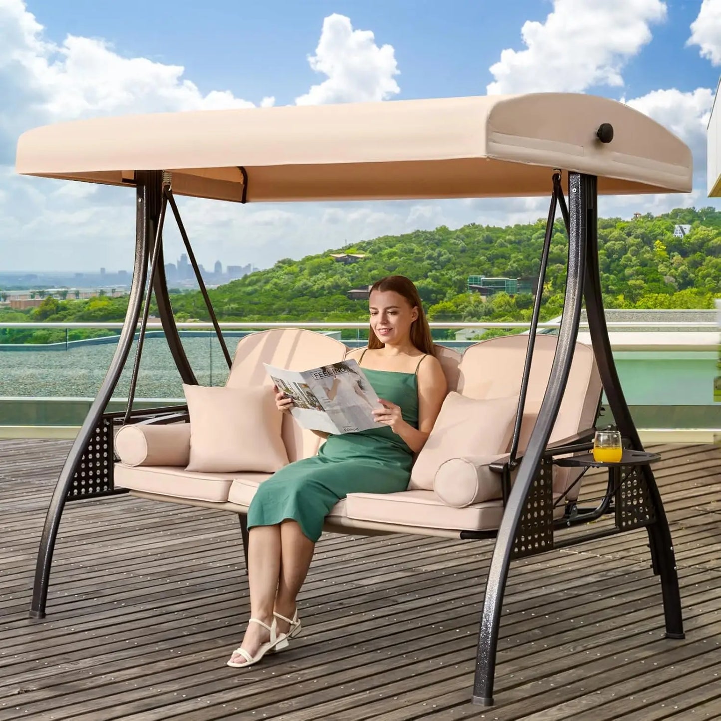 3-Seat Convertible Outdoor Swing with Adjustable Canopy Thickened Cushions Pillows Cup Holders for Patio Backyard Garden Custom