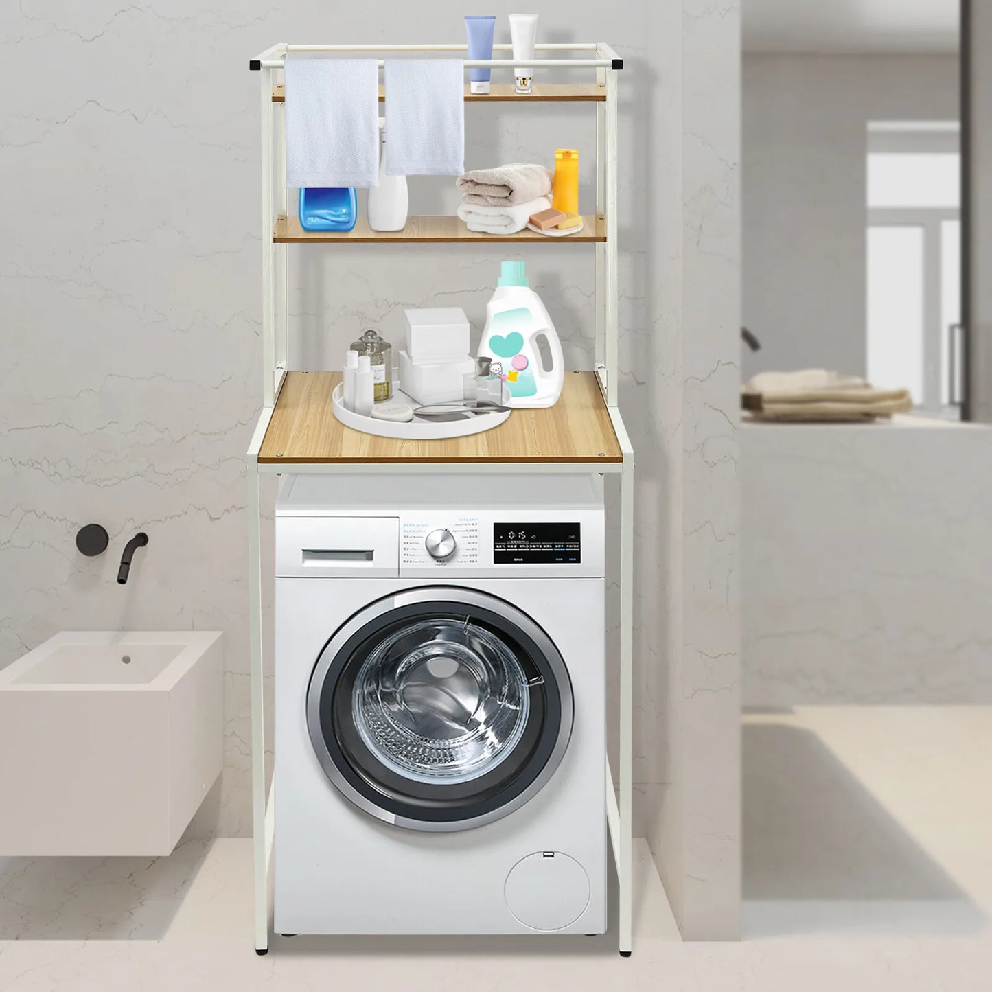 Multi-Tier Washer Dryer Storage Rack Hanging Rod Towel Organizer Shelf