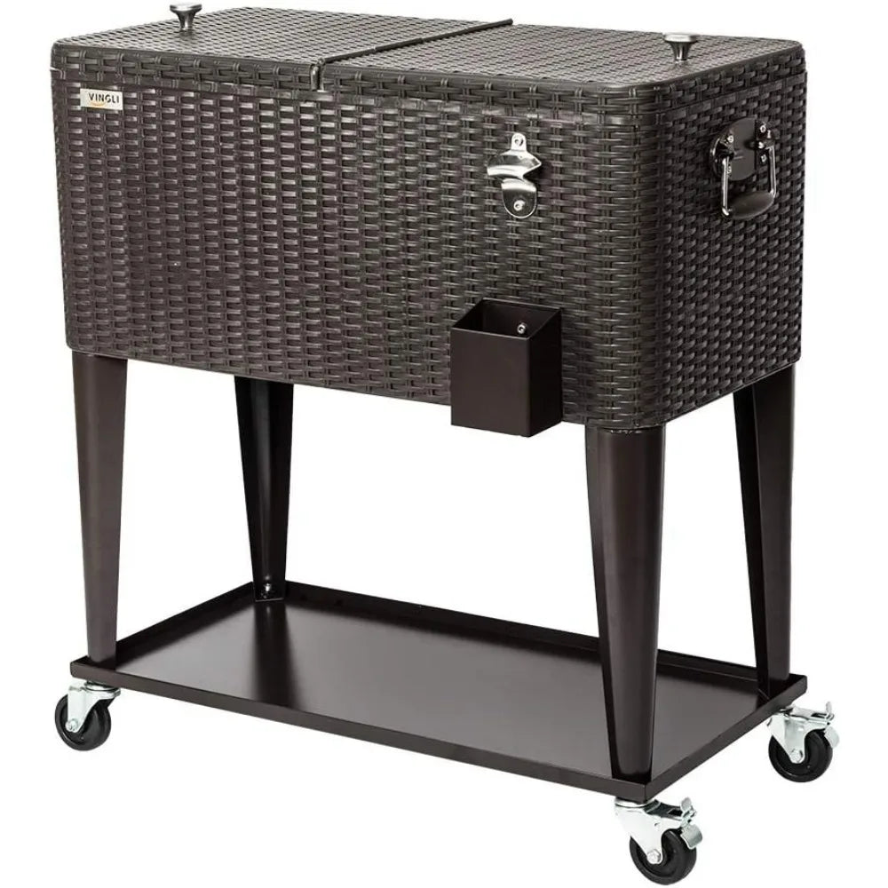 VINGLI 80 Quart Rolling Ice Chest Portable Patio Party Bar Drink Cooler Cart, with Shelf, Beverage Pool with Bottle Opener Brown