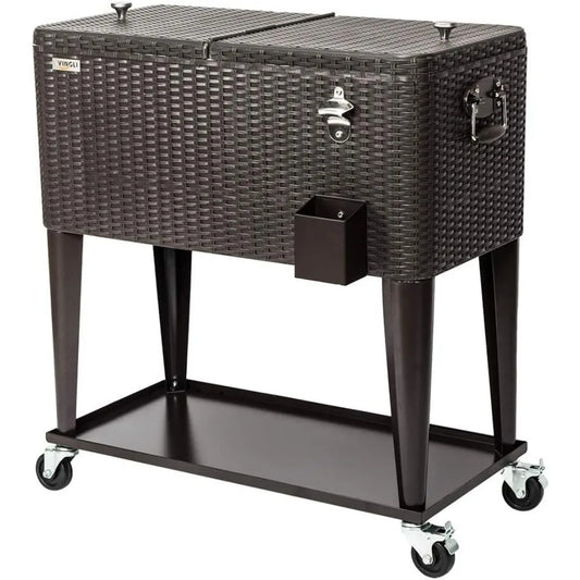 VINGLI 80 Quart Rolling Ice Chest Portable Patio Party Bar Drink Cooler Cart, with Shelf, Beverage Pool with Bottle Opener Brown