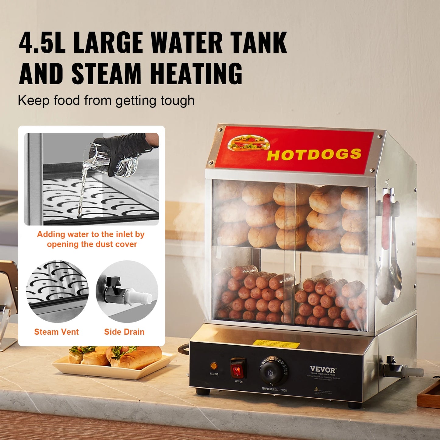Vevor Commercial Stainless Steel Hot Dog Steamer Temperature Control