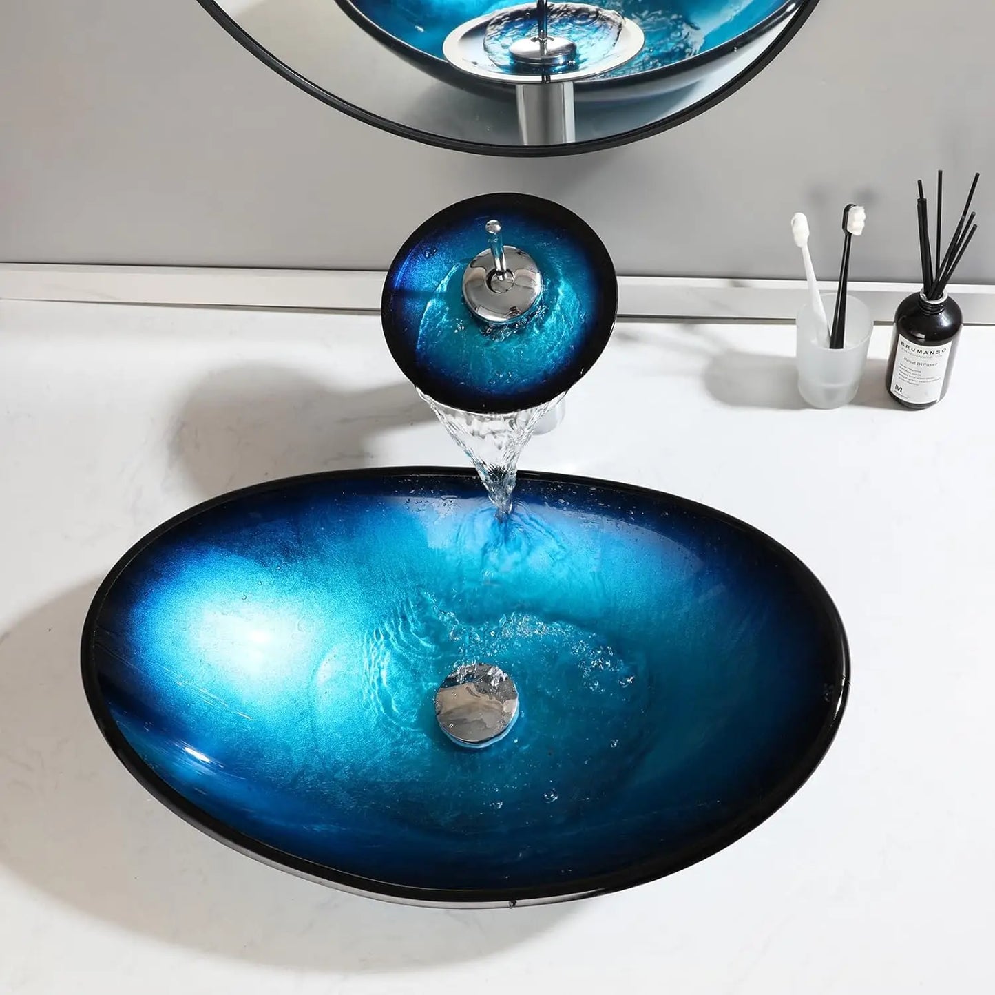 Mekkhala Tempered Glass Countertop Basin Sink With Faucet