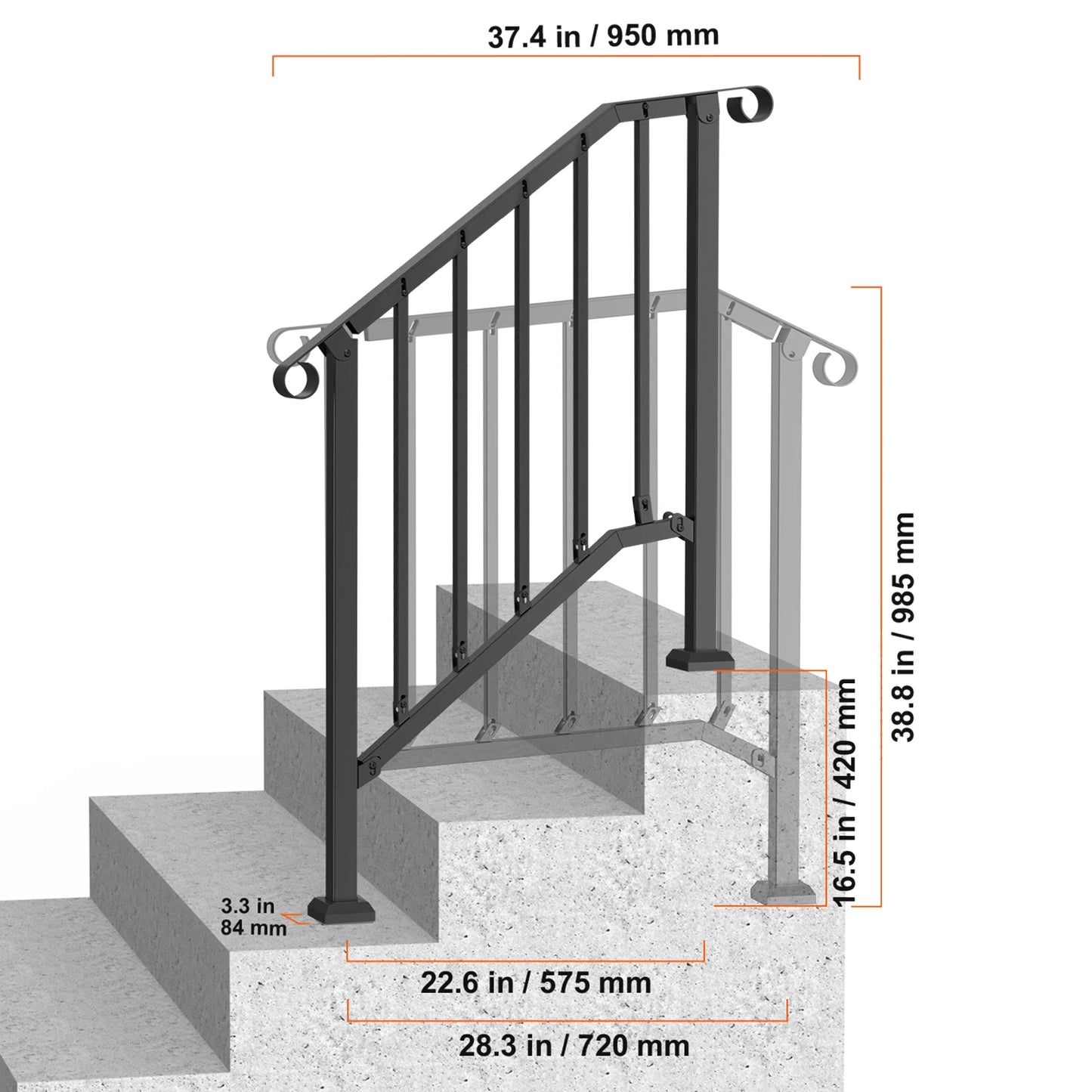 Adjustable Carbon Steel Outdoor Stair Handrail With Installation Kit