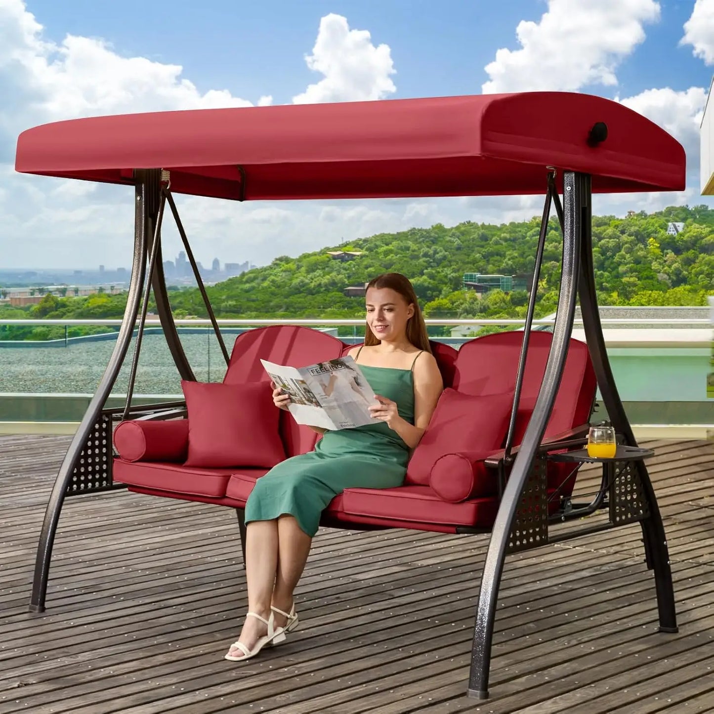 3-Seat Convertible Outdoor Swing with Adjustable Canopy Thickened Cushions Pillows Cup Holders for Patio Backyard Garden Custom