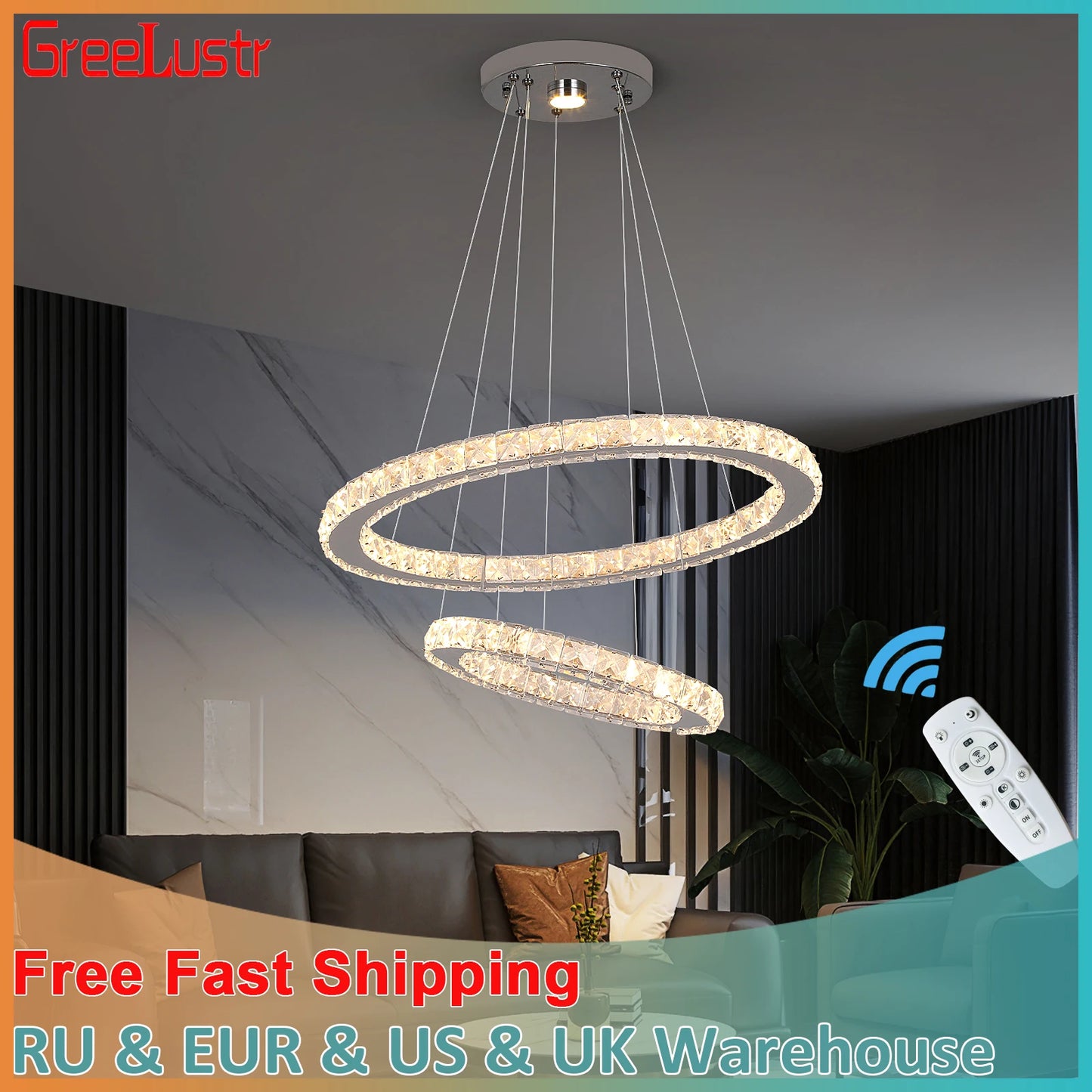 GreeLustr Modern Crystal Rings Pendant Light Dimmable Chandelier
