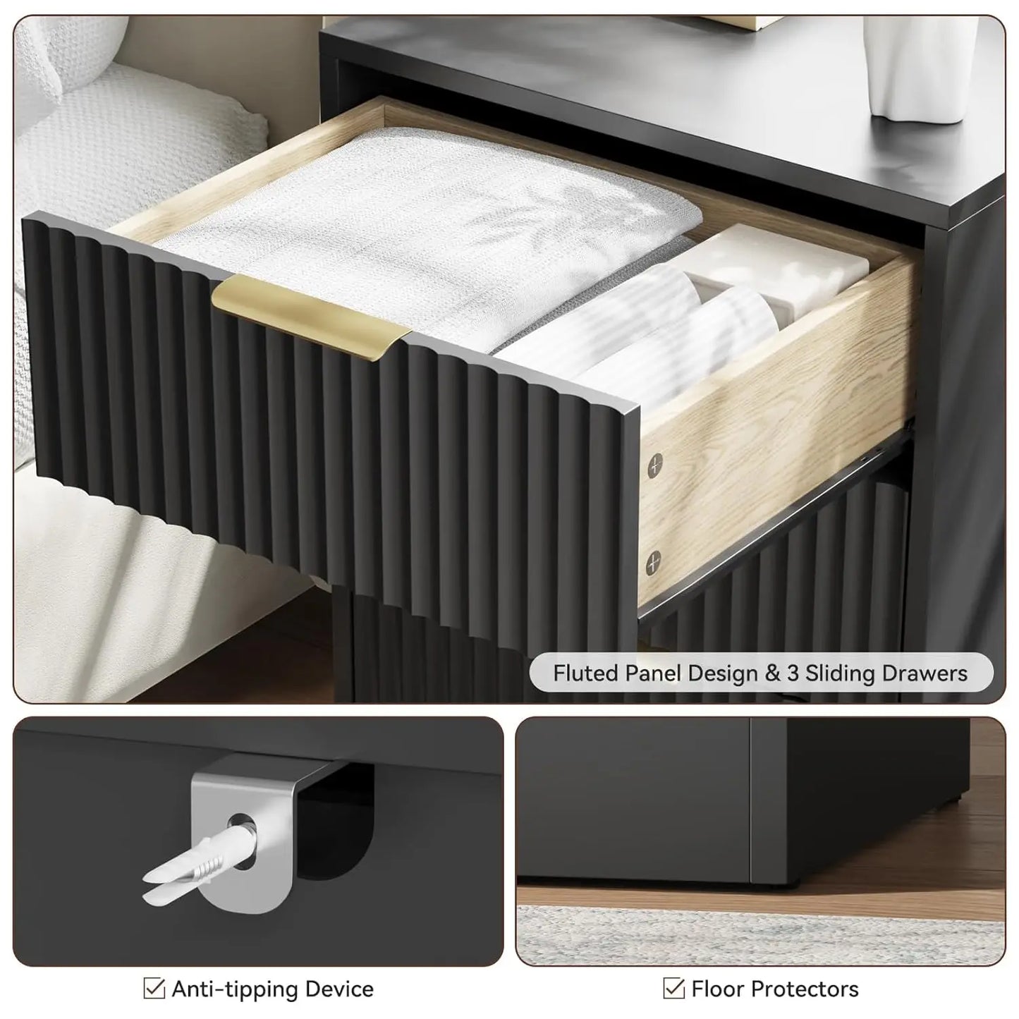 Fluted Nightstands Set of 2 Modern Bedside Tables for Home