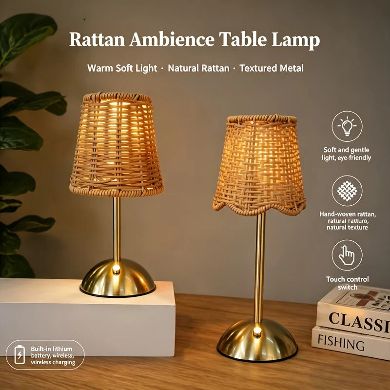 Bohemian Woven Rattan Table Lamp With Touch Dimming USB Power