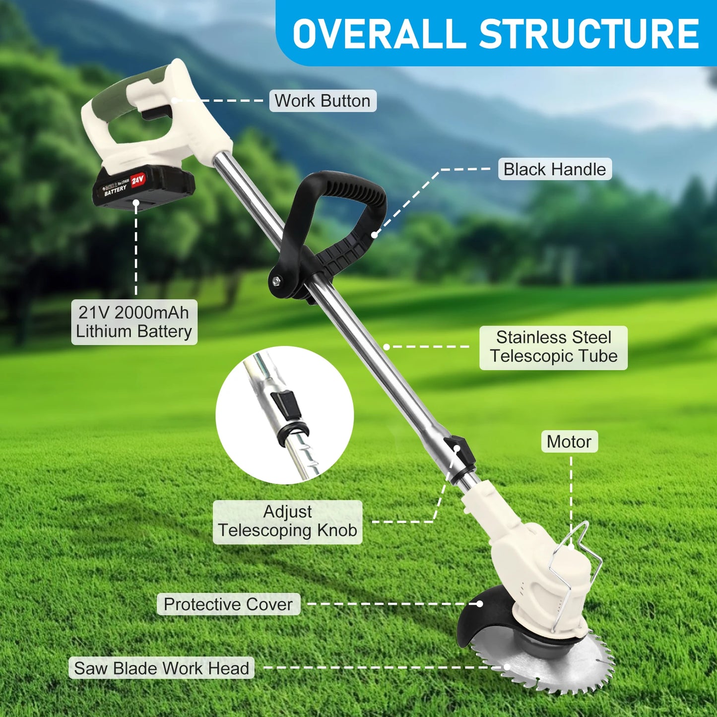 21V 3 In 1 Cordless Grass Trimmer With 2x2.0Ah Batteries