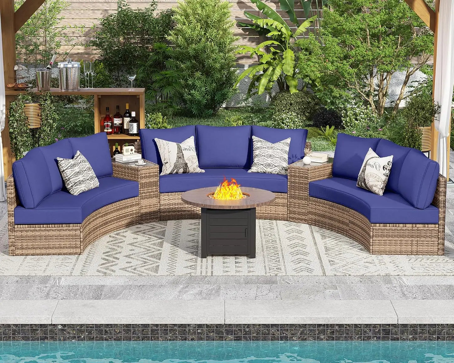 11-Piece Patio Furniture Set with Large Storage Wedge Table, Half-Moon Wicker Sectional Sofa with Cushions, Waterproof Rattan