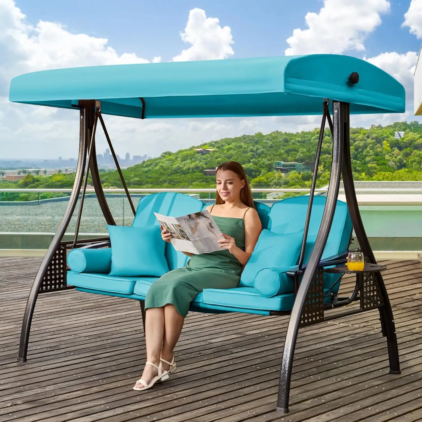 3-Seat Convertible Outdoor Swing with Adjustable Canopy Thickened Cushions Pillows Cup Holders for Patio Backyard Garden Custom