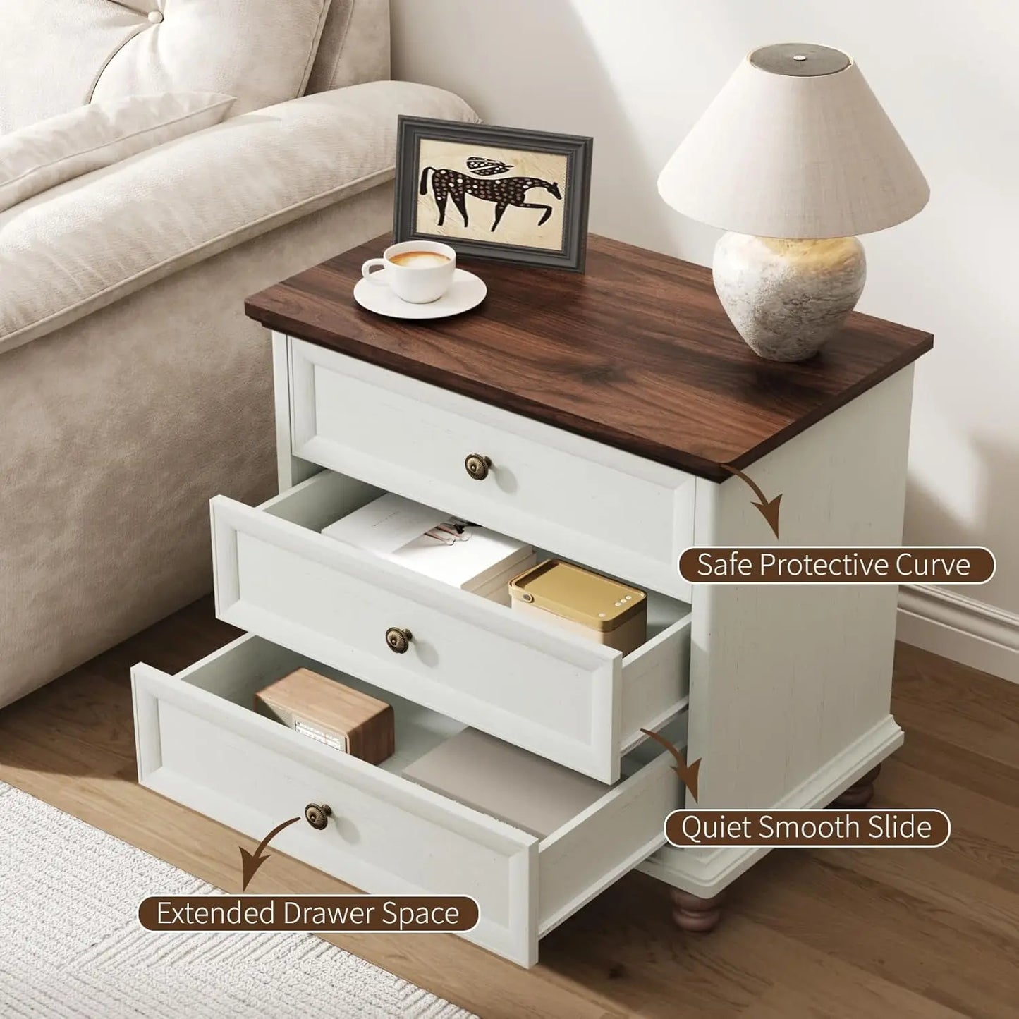Large Rustic Wood Nightstand Set 3 Drawers Storage 24 Wide 4 Solid Legs Bedroom End Table Custom