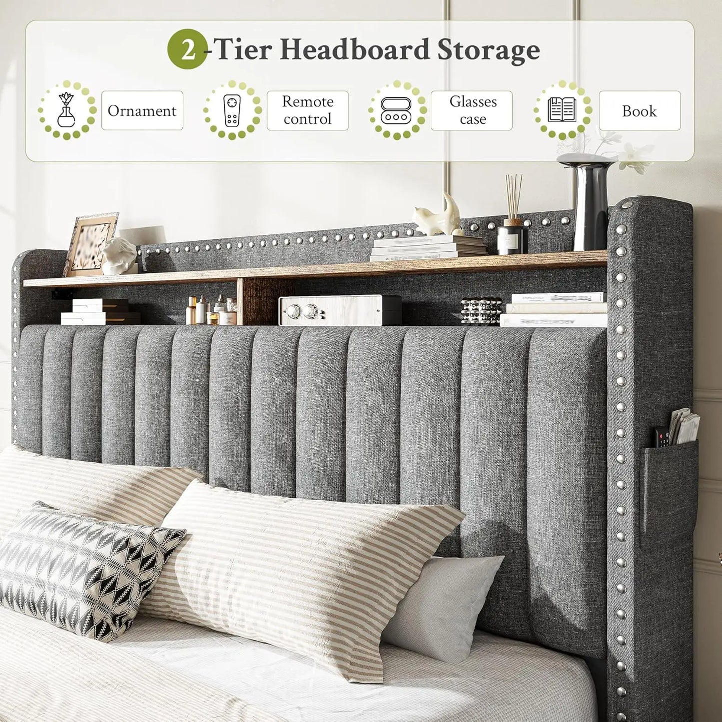 King Size Bed Frame Fabric Upholstered with 4 Drawers Rivet Decor Storage Headboard Wooden Slats 900LBS Customizable Bed