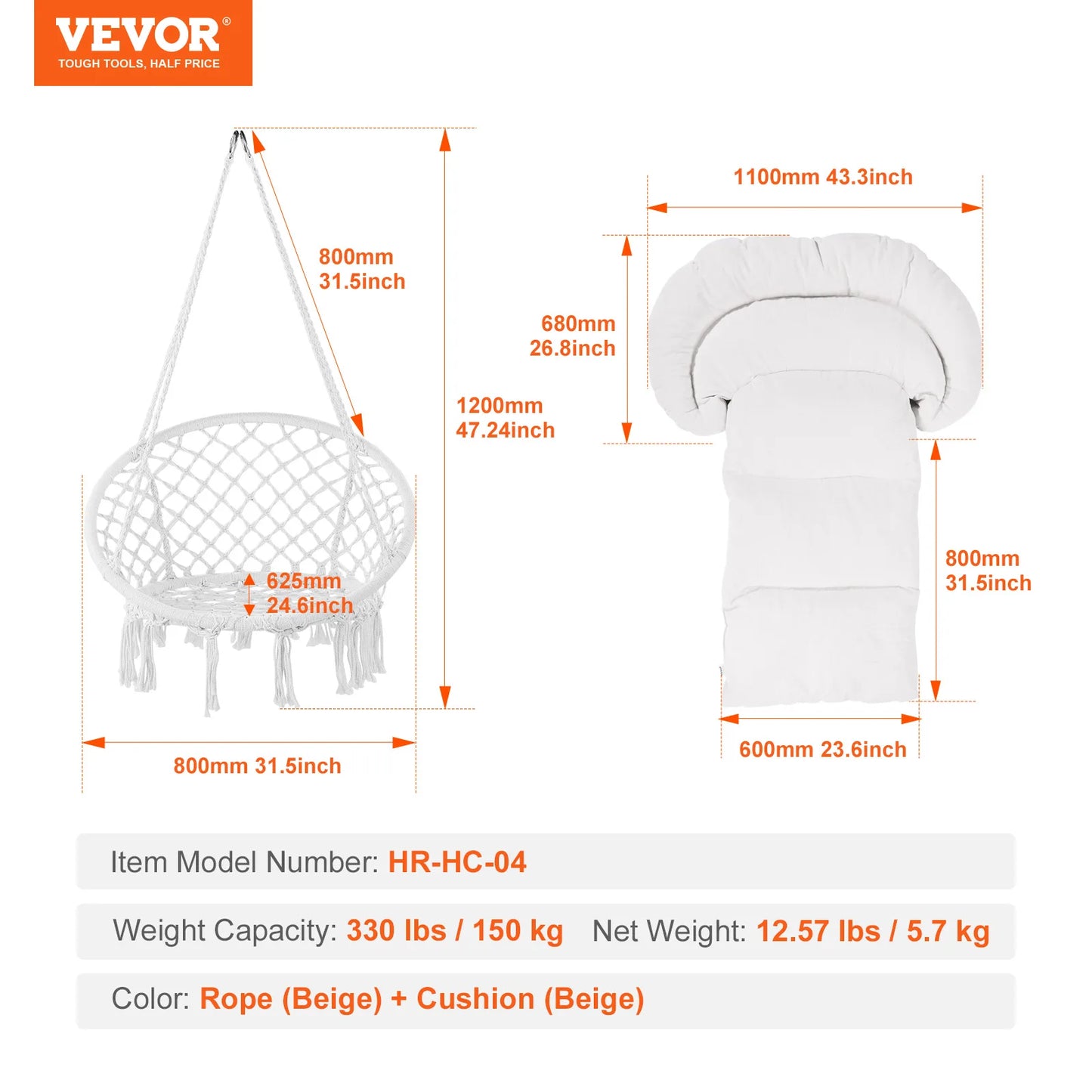 SucceBuy Hanging Hammock Swing Chair Macrame Cotton Rope 330Lbs