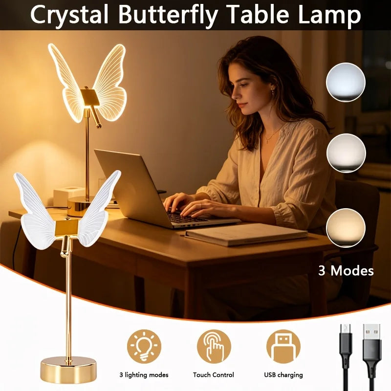 QQS Crystal Butterfly Table Lamp With Three Level Brightness USB Charging