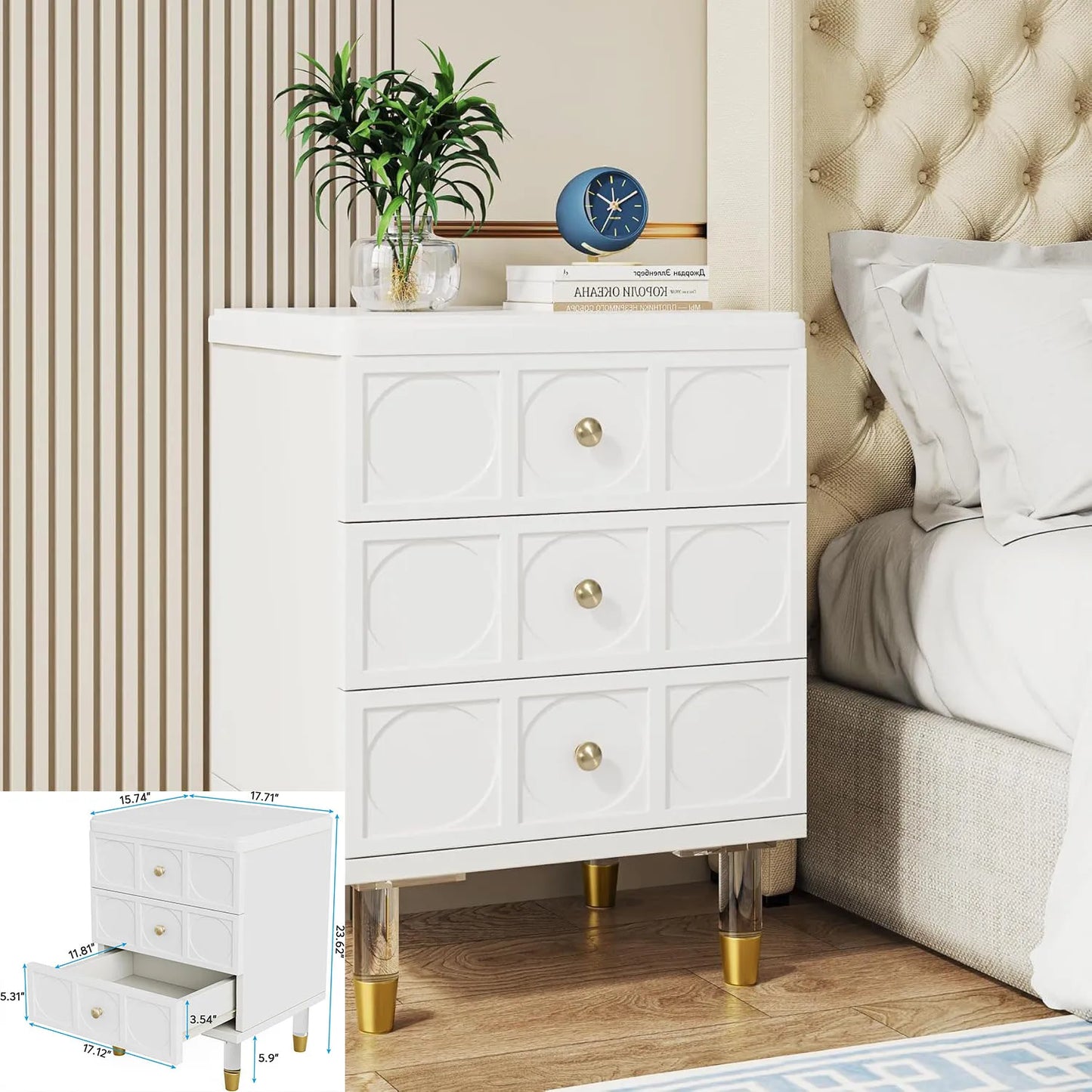 Nightstand with 2 Drawers, Modern Nightstand with Open Storage Shelf, White Bed Side Table for Bedroom, Living Room