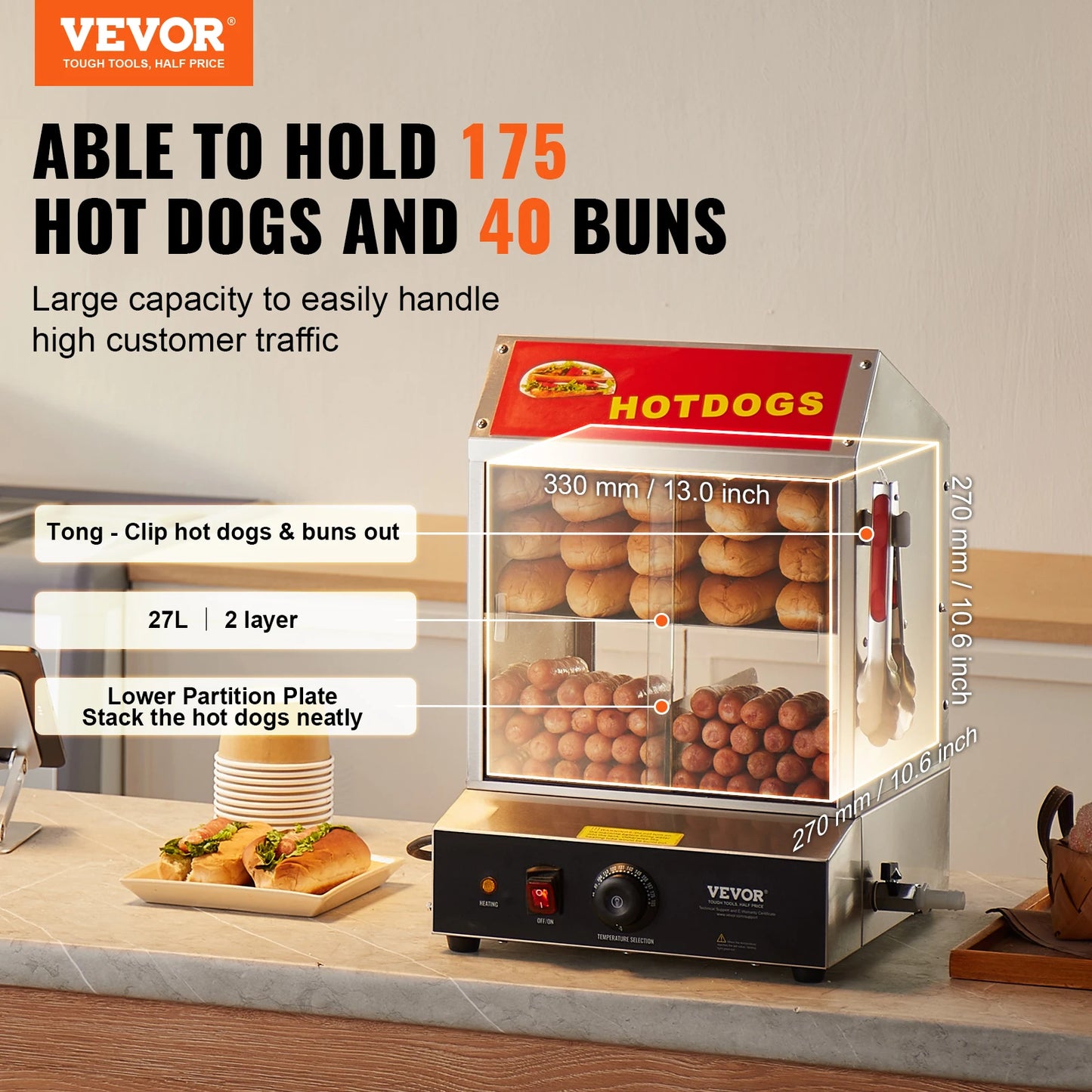 Vevor Commercial Stainless Steel Hot Dog Steamer Temperature Control
