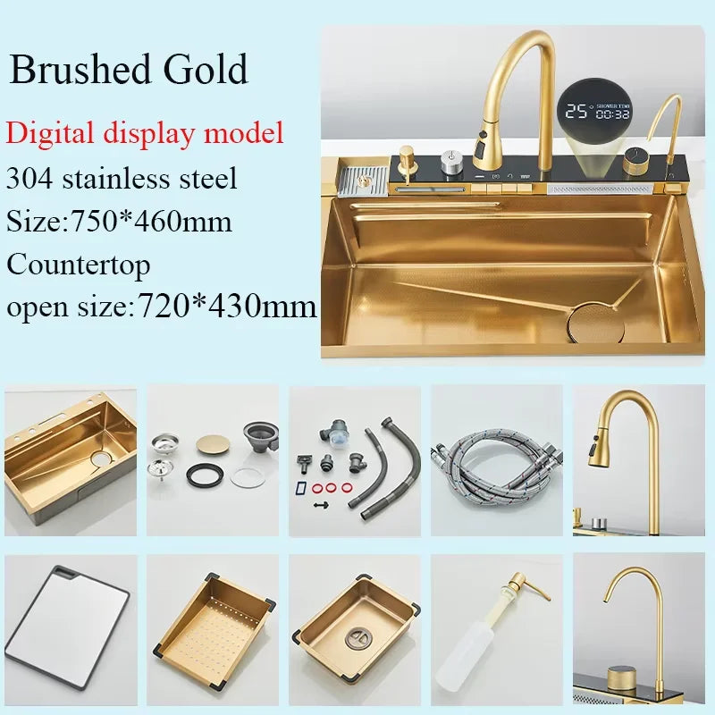 Shinesia 304 Stainless Steel Kitchen Sink Retractable Digital Faucet Set