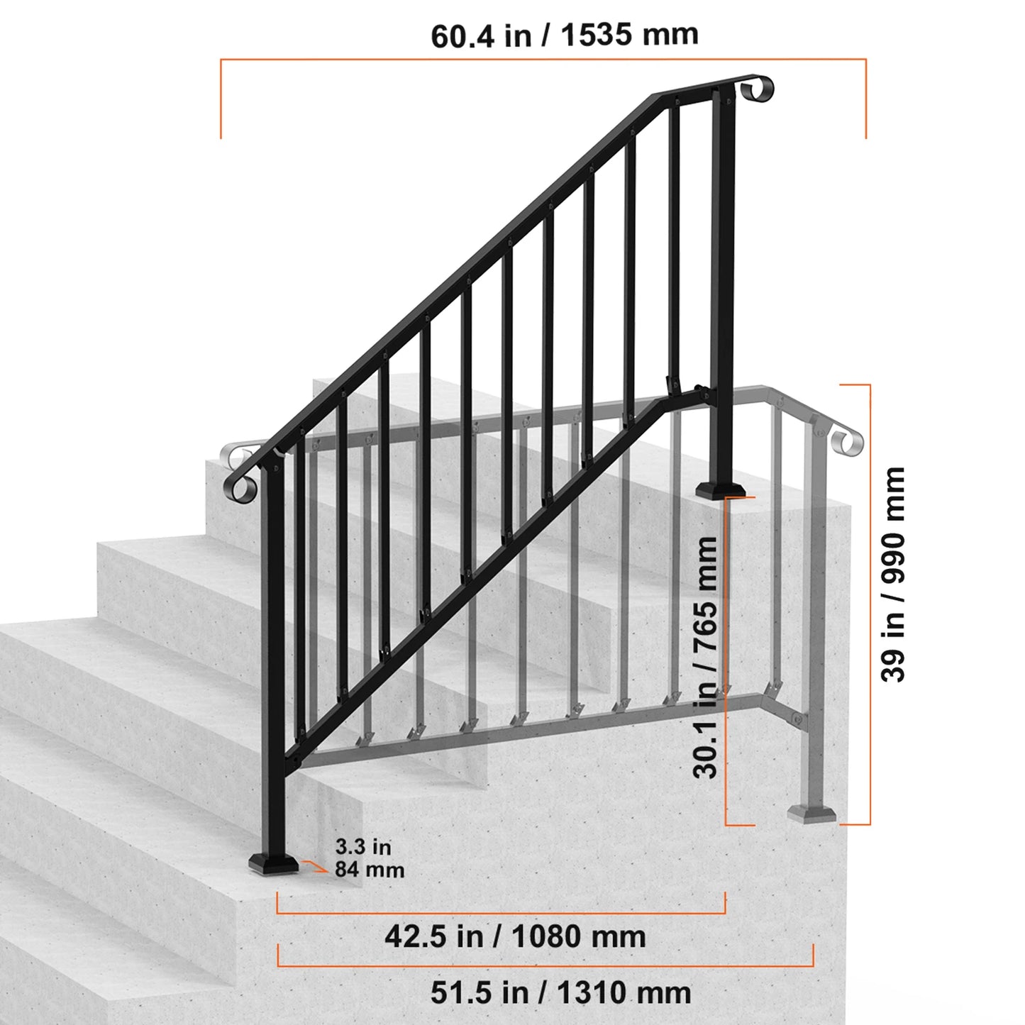 Adjustable Carbon Steel Outdoor Stair Handrail With Installation Kit
