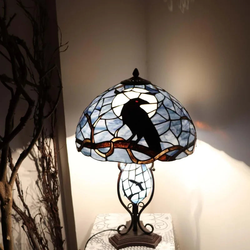 Tiffany Stained Glass Raven Perched On Tree Branch Table Lamp