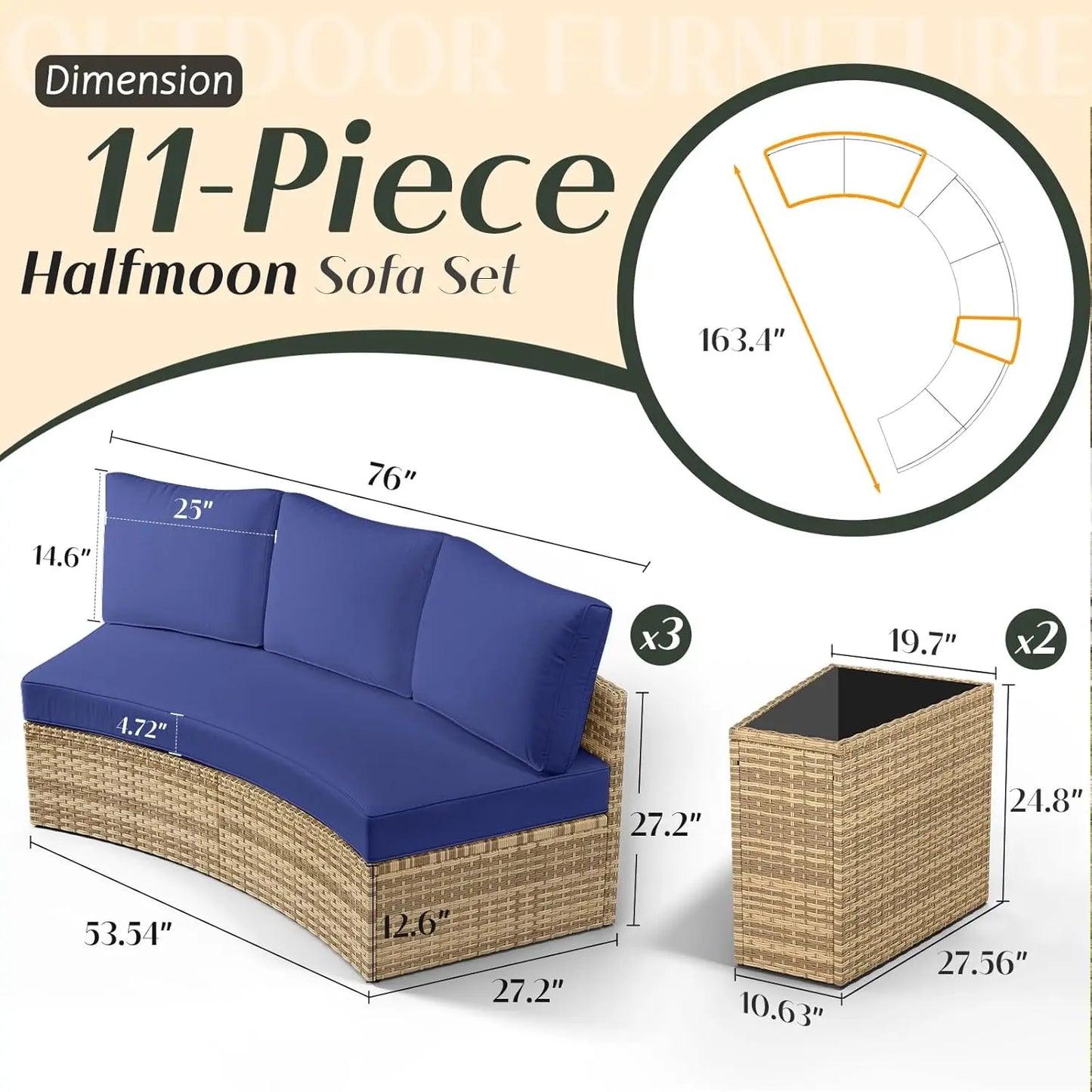 11-Piece Patio Furniture Set with Large Storage Wedge Table, Half-Moon Wicker Sectional Sofa with Cushions, Waterproof Rattan