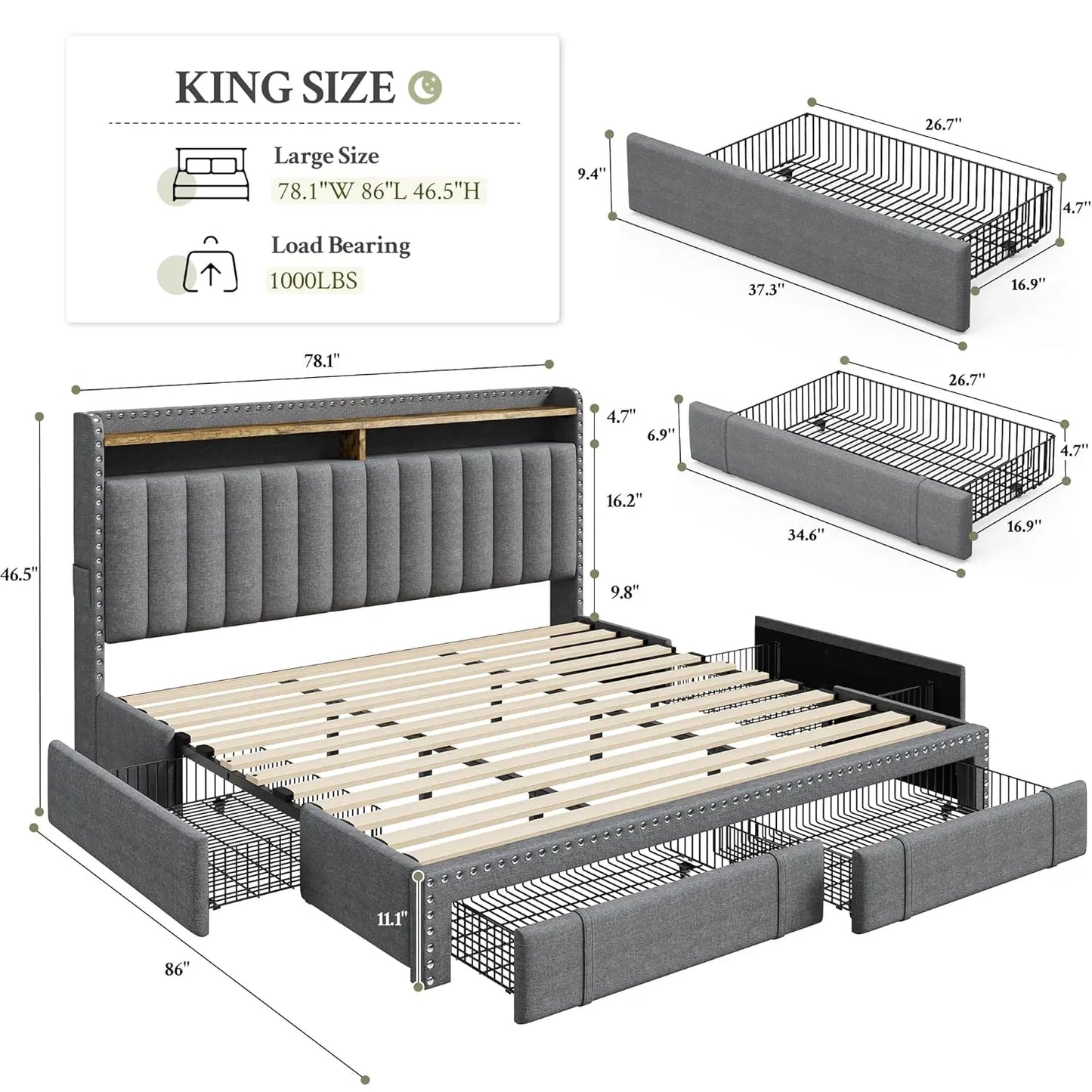 King Size Bed Frame Fabric Upholstered with 4 Drawers Rivet Decor Storage Headboard Wooden Slats 900LBS Customizable Bed