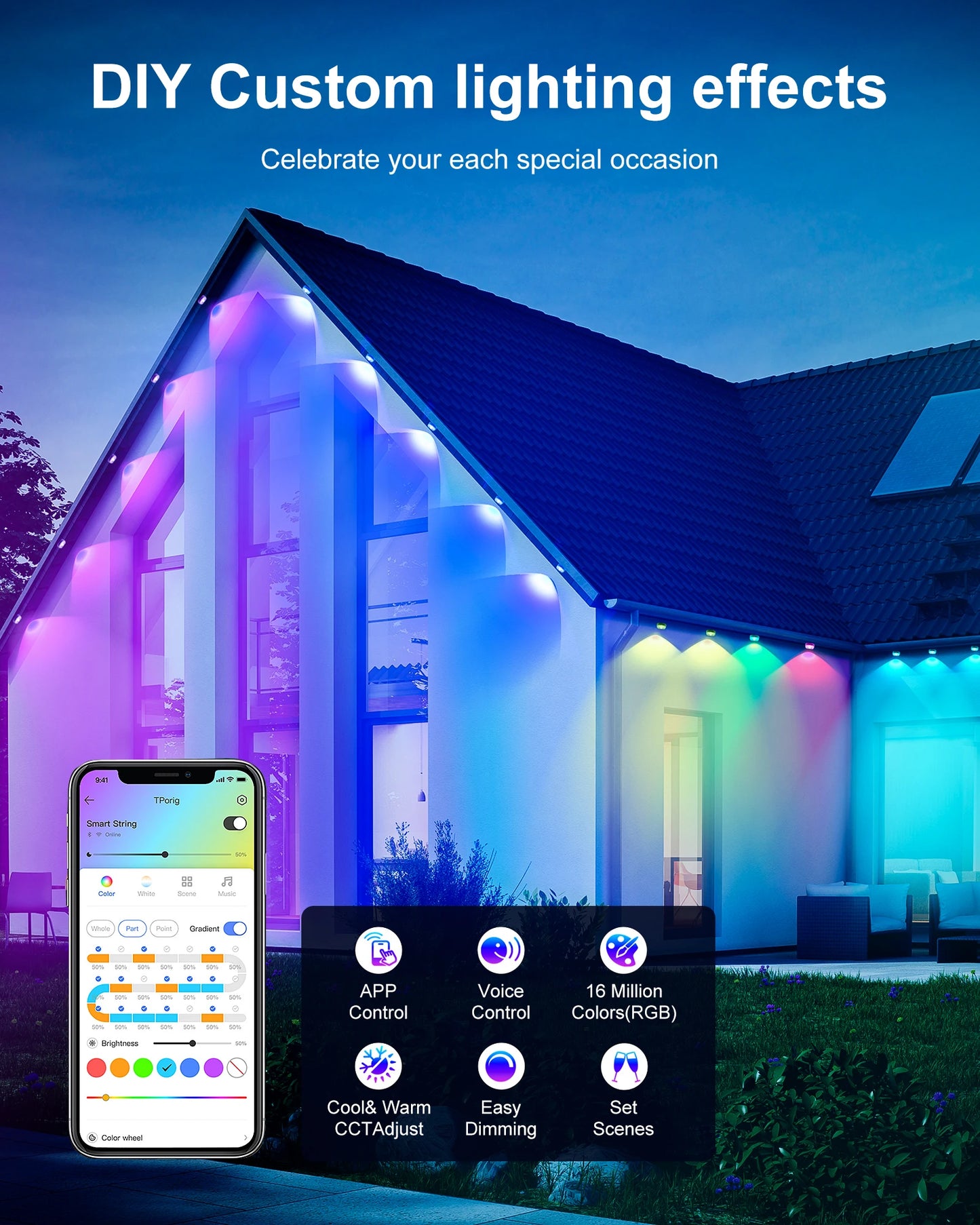 Aiopp RGBIC Outdoor LED Lights IP67 Waterproof 100 Scene Modes