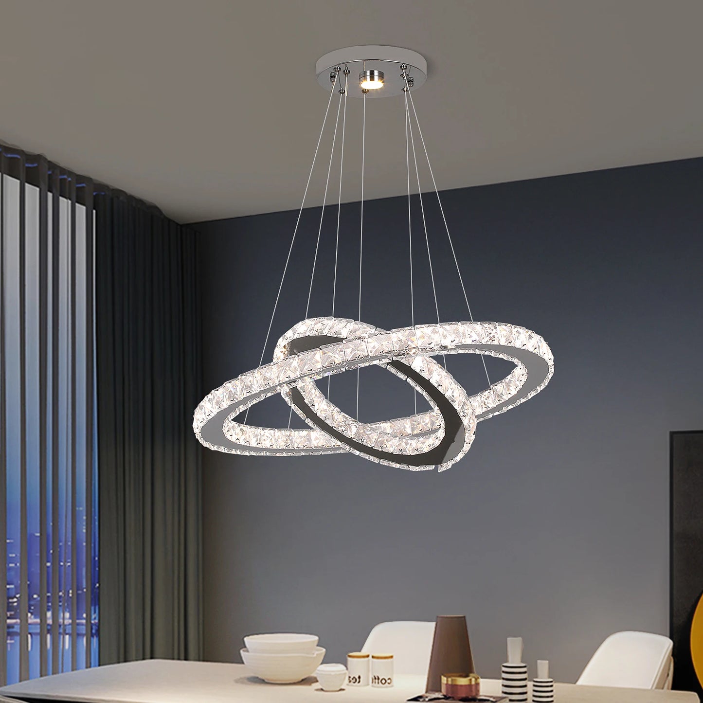 GreeLustr Modern LED Pendant Light Crystal Ring Chandelier