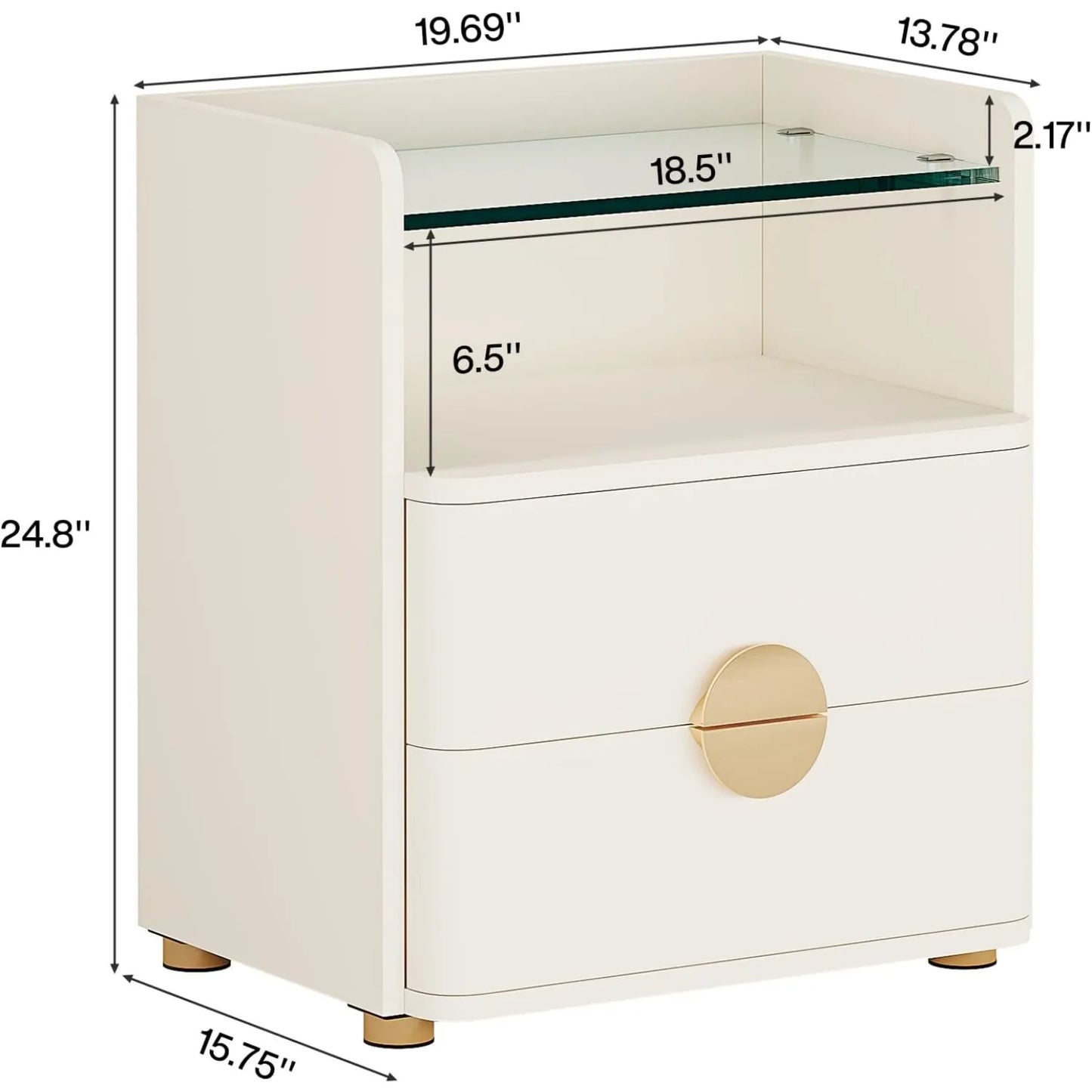 Nightstand with 2 Drawers, Modern Nightstand with Open Storage Shelf, White Bed Side Table for Bedroom, Living Room