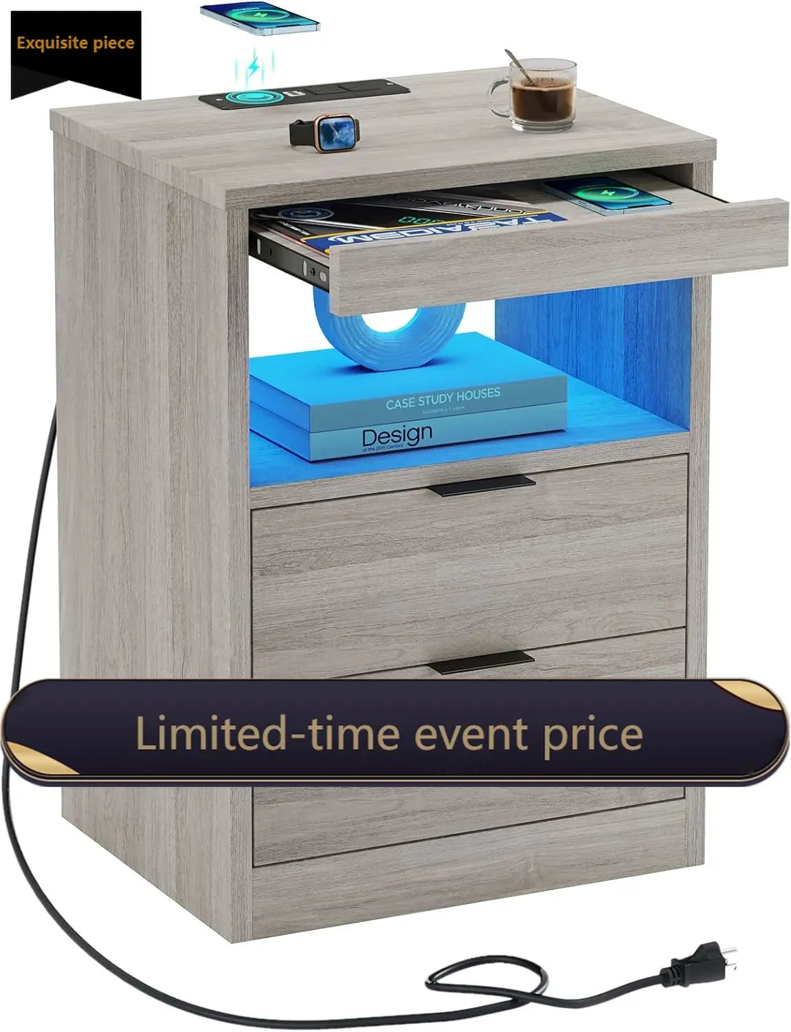 Modern Grey Nightstand With Wireless Charging And Led Lights
