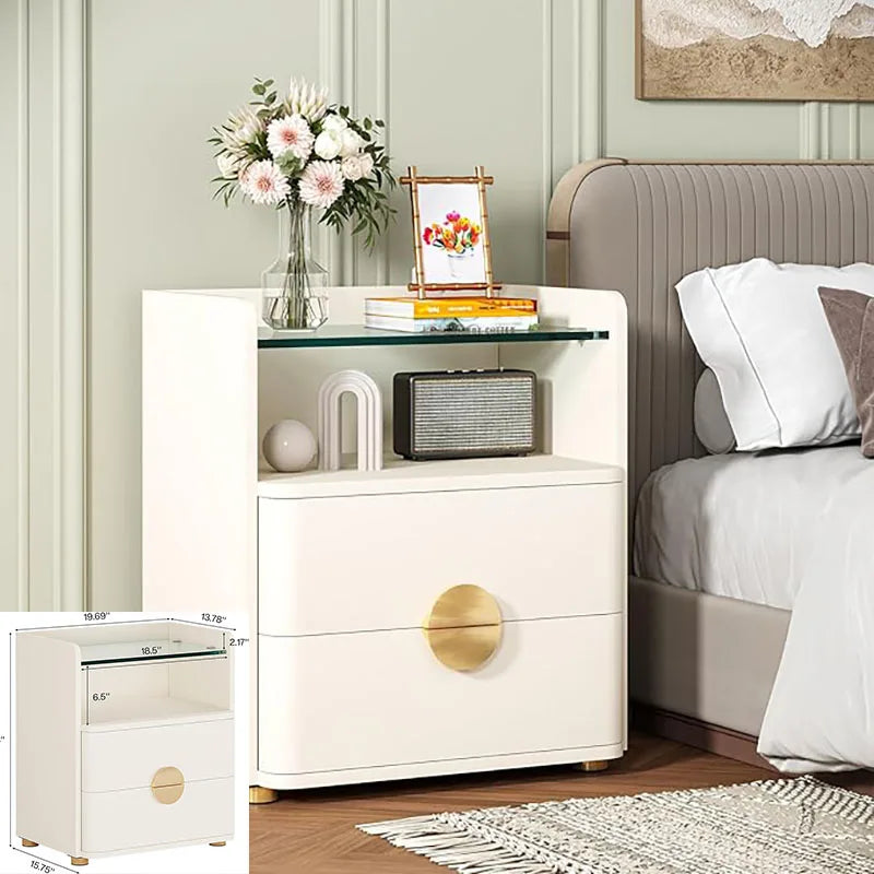 Nightstand with 2 Drawers, Modern Nightstand with Open Storage Shelf, White Bed Side Table for Bedroom, Living Room